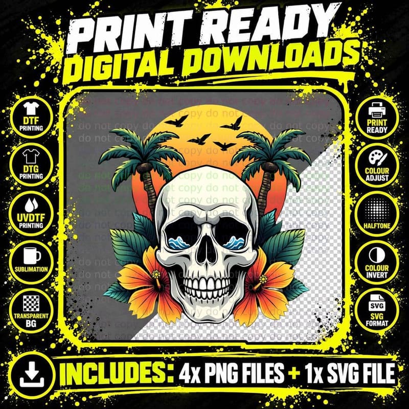White Skull Tattoo Style Tropical Beach Palm Trees Png SVG Digital Bundle