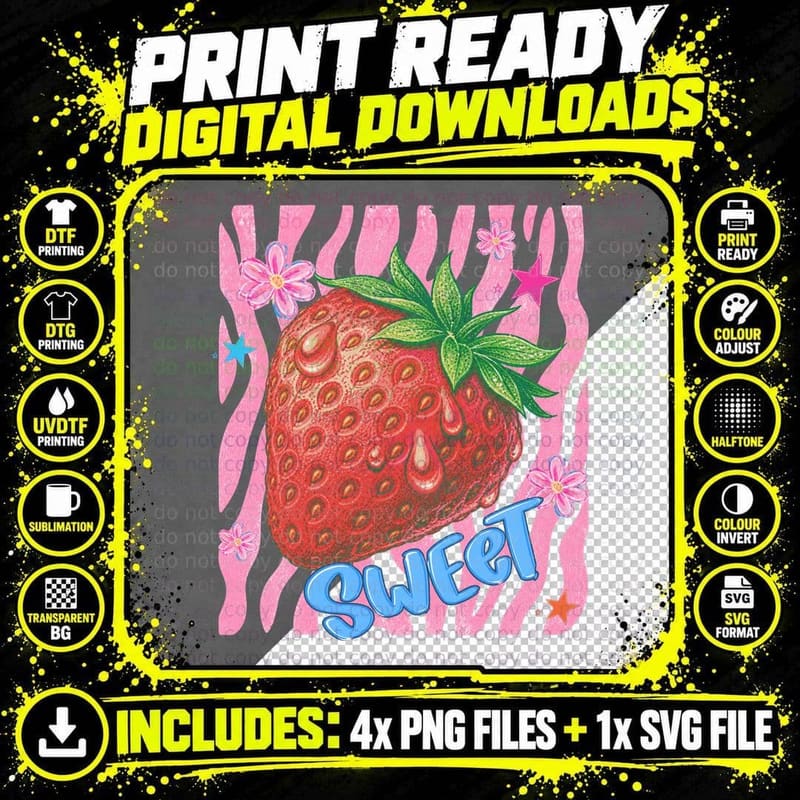 Wild Sweet Summer T-Shirt, Large Strawberry Pink Waves Png SVG Digital Bundle