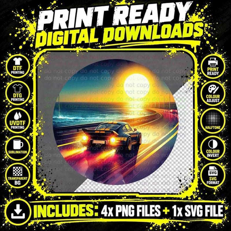 Yellow Car Beach Road Gold Sports on Coastal Golden Png SVG Digital Bundle