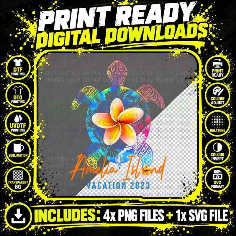 Amelia Island Tie Dye Sea Turtle Vacation Theme Family Png SVG Digital Bundle