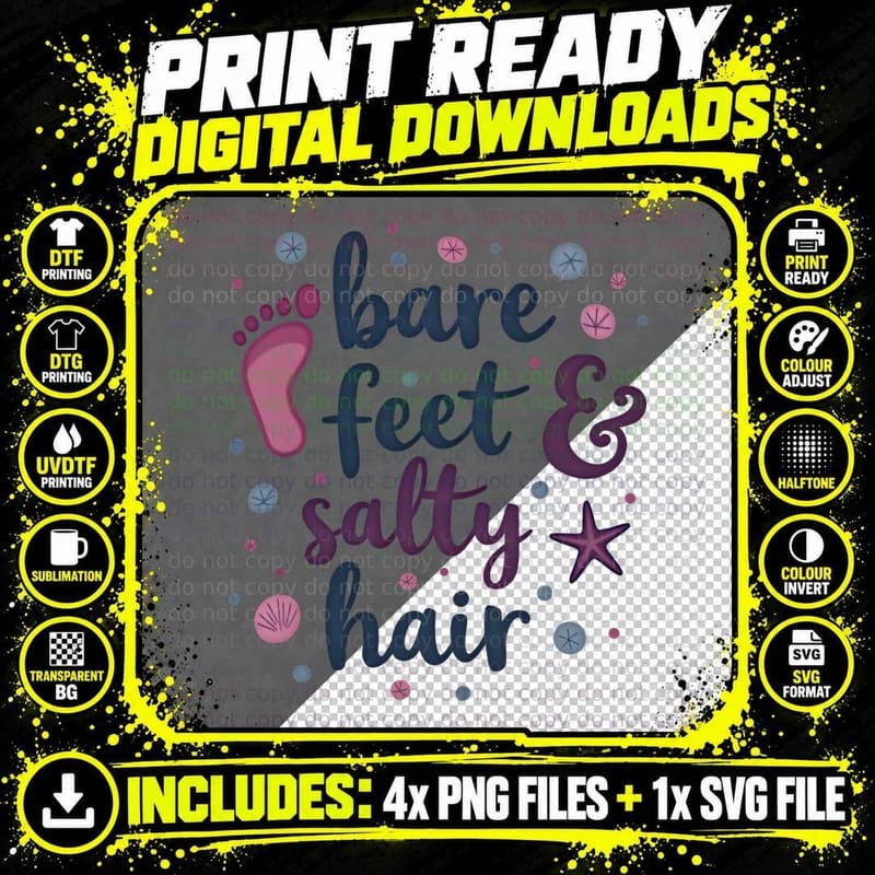 Bare Feet Salty Hair Baby Footprints Starfish Beach Png SVG Digital Bundle