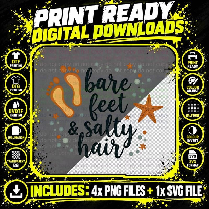 Bare Feet Salty Hair Starfish Footprints Ocean Beach Png SVG Digital Bundle