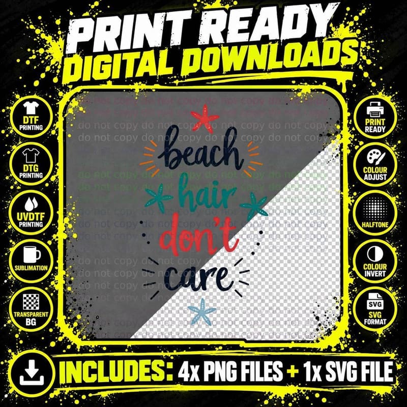 Beach Hair Don't Care Starfish Sunburst Colorful Beach Png SVG Digital Bundle