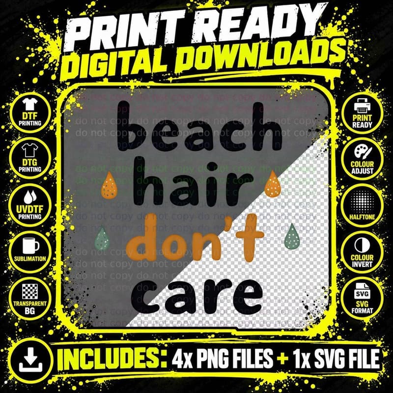Beach Hair Don't Care Transparent Orange Teardrop Shapes Png SVG Digital Bundle