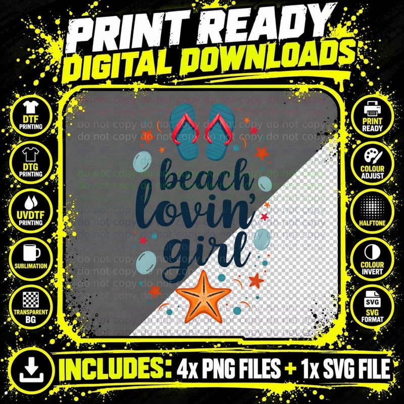 Beach Lovin' Girl Flip-Flops Starfish Ocean Beach Lover Png SVG Digital Bundle