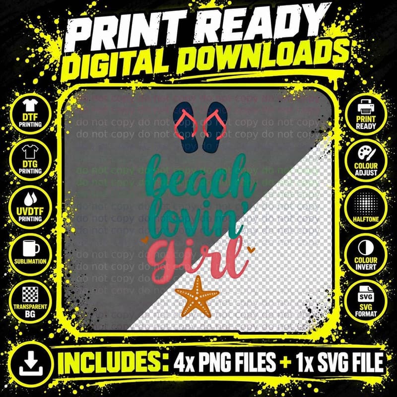 Beach Lovin' Girl Starfish Flip-Flops Summer Vacation Png SVG Digital Bundle