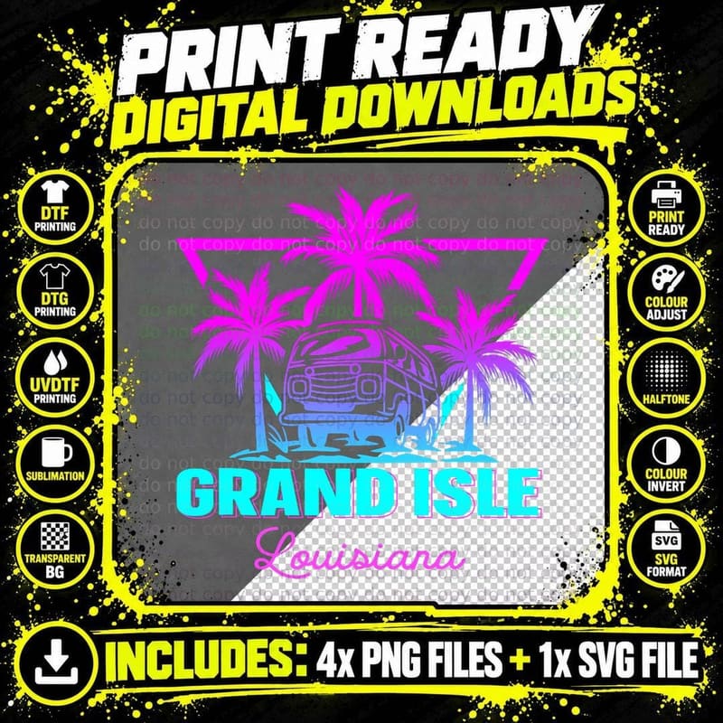 Beach Vaporwave Vacation Souvenir Grand Isle Gift Lover Png SVG Digital Bundle