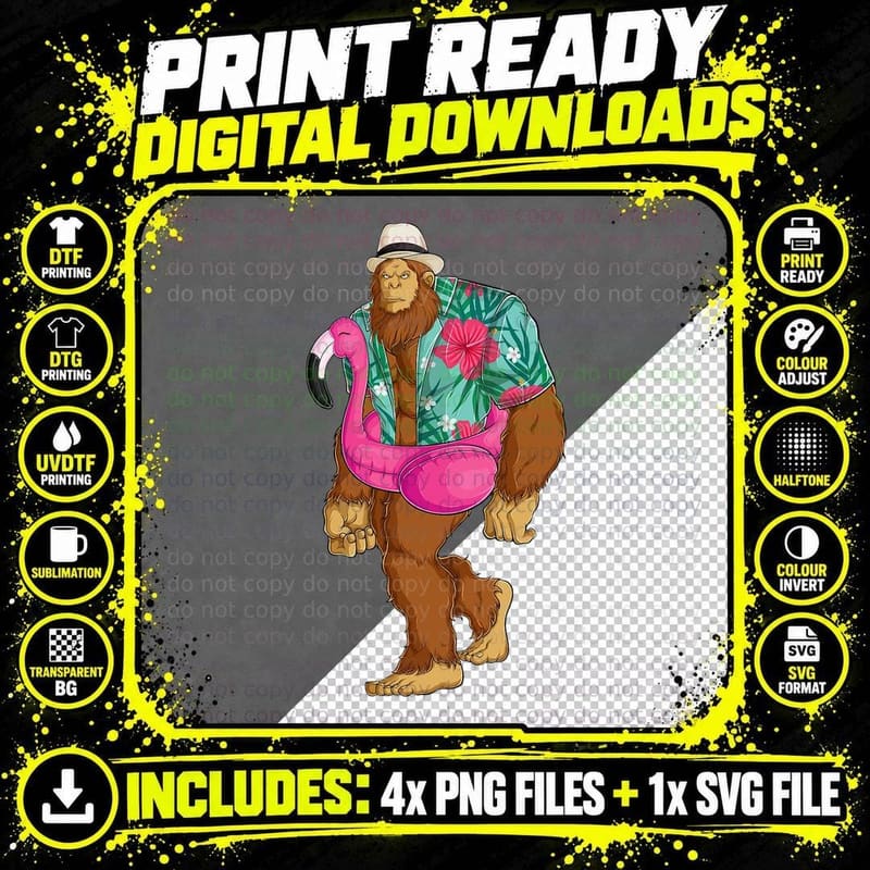 Bigfoot Sasquatch Pink Flamingo Aloha Beach Hawaiian Png SVG Digital Bundle