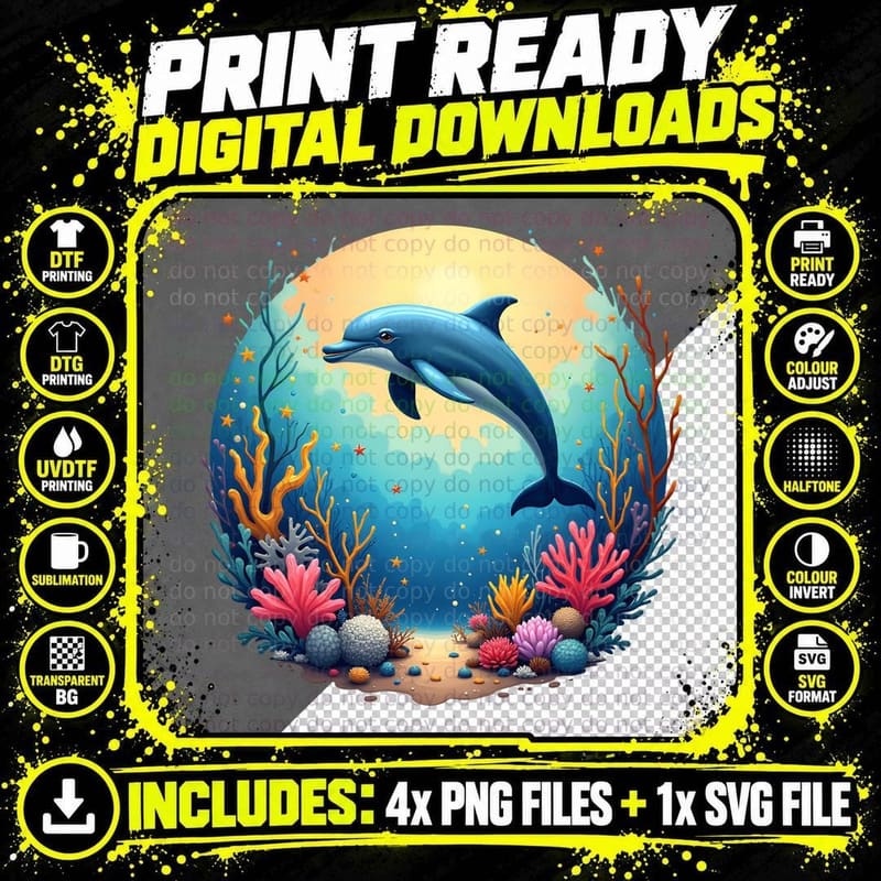 Circular Dolphin Tropical Fish Coral T-Shirt Png SVG Digital Bundle