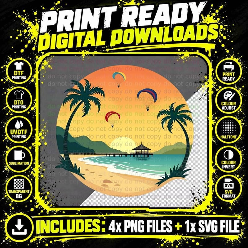 Coastal Beach Sunset, Paragliding, Palm Trees Png SVG Digital Bundle