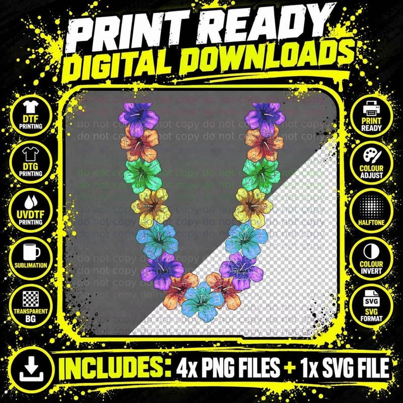 Colorful Flower Chain Tropical Summer Vacation Hawaii Png SVG Digital Bundle