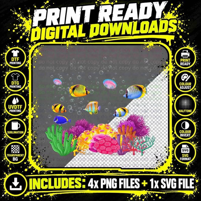 Colorful Tropical Fish on a Coral Reef T-Shirt Marine Png SVG Digital Bundle