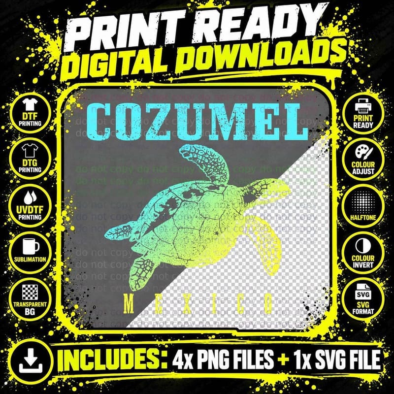 Cozumel Beach Mexico Sea Turtle Surfer Scuba Diving Png SVG Digital Bundle