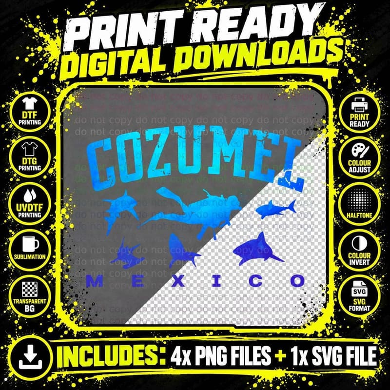 Cozumel Mexico Beach Vacation Scuba Diver Sharks Graphic Png SVG Digital Bundle