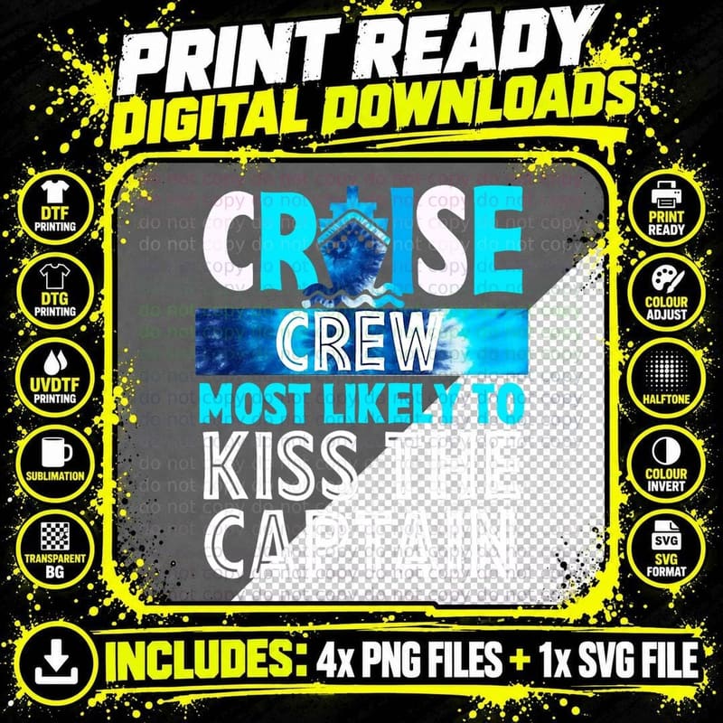 Cruise Crew Most Likely to Kiss the Captain Blue Tie Dye Png SVG Digital Bundle
