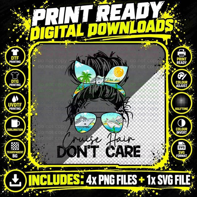 Cruise Hair Don't Care Messy Bun Ship Cruising Trip Png SVG Digital Bundle