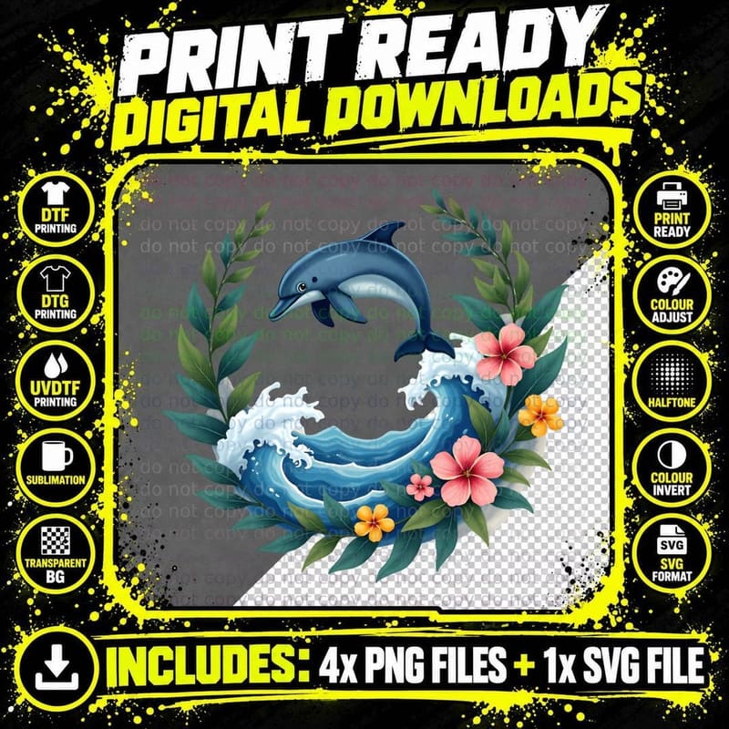 Dolphin with Tropical Flowers T-Shirt Png SVG Digital Bundle