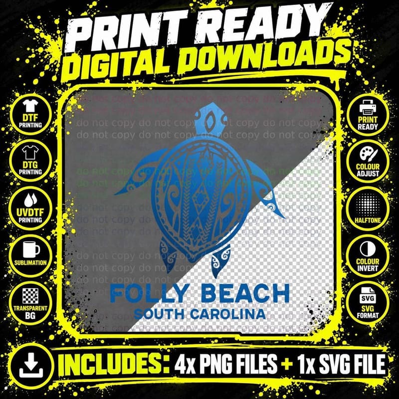 Folly Beach South Carolina Tattoo Blue Sea Turtle Png SVG Digital Bundle