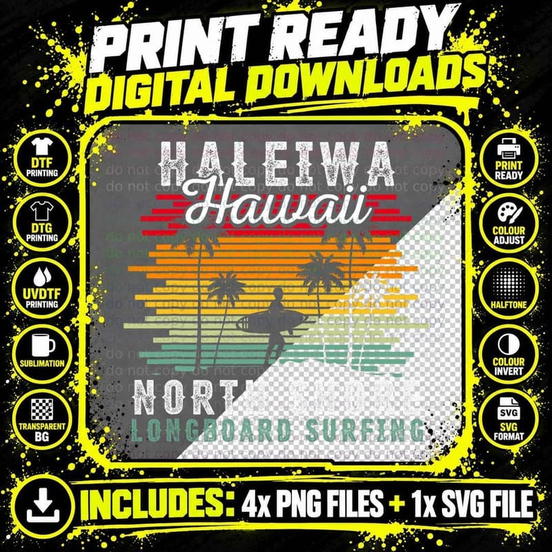 Haleiwa Hawaii Oahu North Shore Longboard Surfing T-Shirt Png SVG Digital Bundle