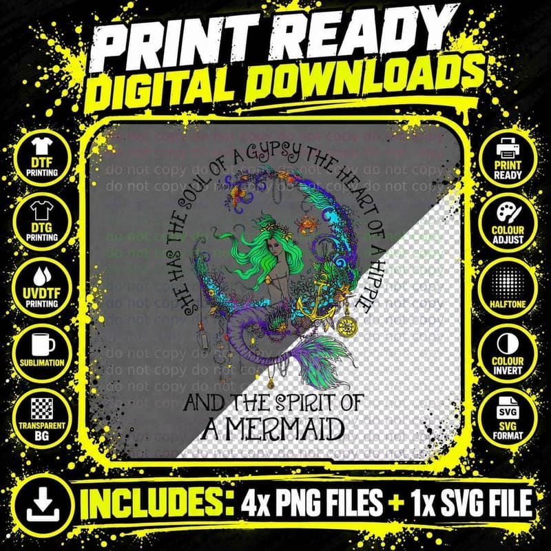 Hippie Heart Gypsy Soul & the Spirit of a Mermaid Png SVG Digital Bundle
