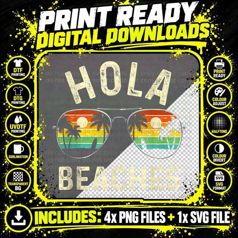 Hola Beaches Sunglasses Aloha Beach Summer Vacation Png SVG Digital Bundle