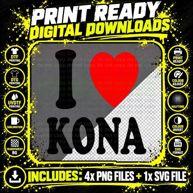 I Heart (Love) Kona Hawaii Travel Tourism Vacation Home Png SVG Digital Bundle
