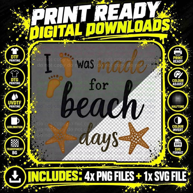I Was Made for Beach Days Footprints Starfish Summer Png SVG Digital Bundle