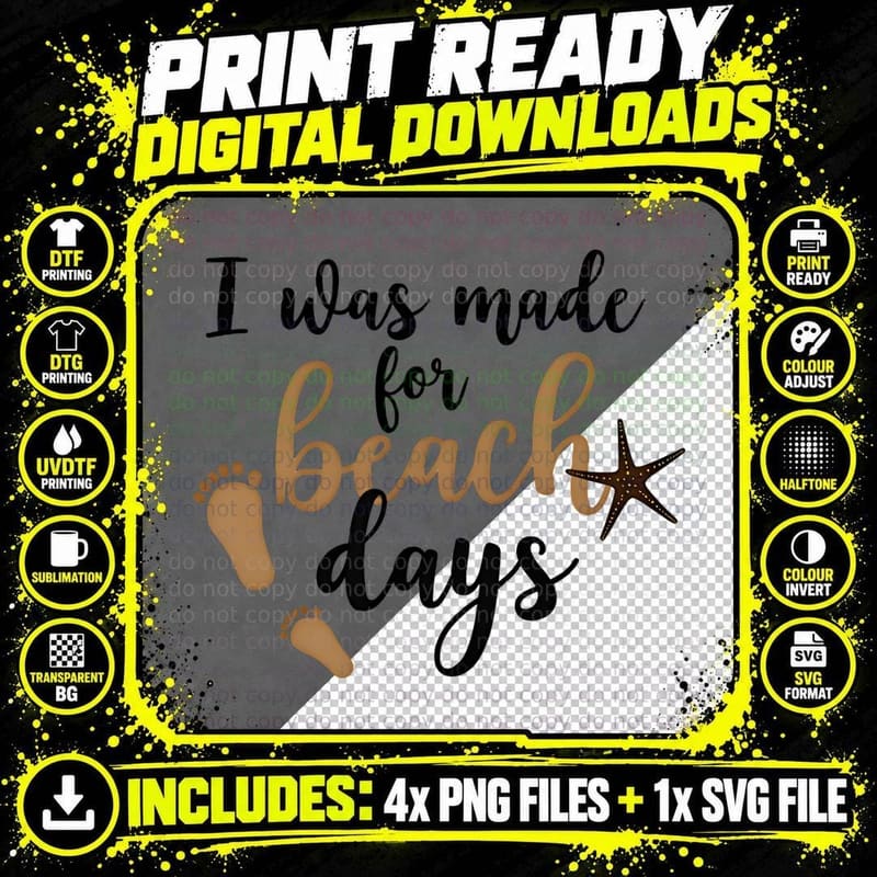 I Was Made for Beach Days Gold Footprints Starfish Png SVG Digital Bundle