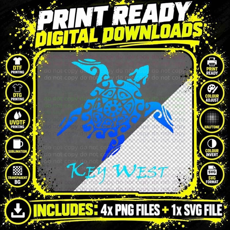 Key West Tribal Turtle Polynesian Tattoo Style Vacation Png SVG Digital Bundle