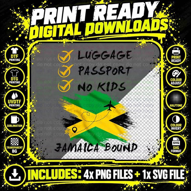 Luggage Passport No Kids Jamaica Travel Vacation Outfit Png SVG Digital Bundle