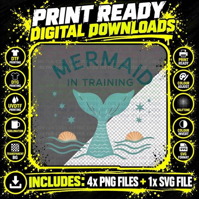 Mermaid in Training Seashells Starfish Whimsical Beach Png SVG Digital Bundle