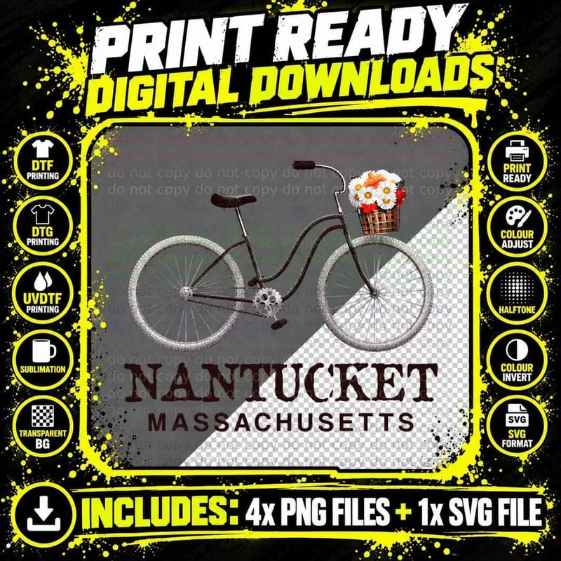 Nantucket Massachusetts Bike Flowers Basket Summer Png SVG Digital Bundle
