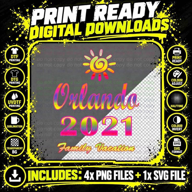 Orlando Fun Family Vacation 2021 Spiral Sun Rainbow Png SVG Digital Bundle