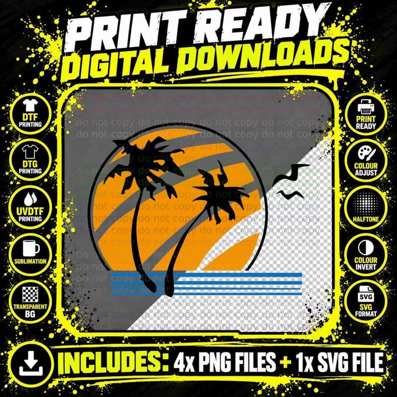 Palm Tree Sunset T-Shirt, Summer Beach Vibes Png SVG Digital Bundle