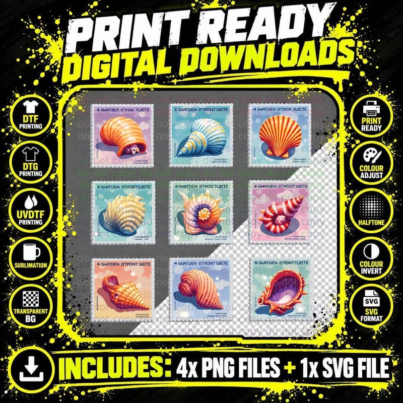 Pastel Seashells Postage Stamp Grid Beach Lover Ocean Png SVG Digital Bundle