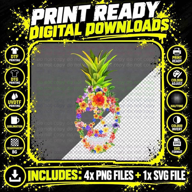 Pineapple Flower Shape Skull Tropical Summer Fruit Print Png SVG Digital Bundle