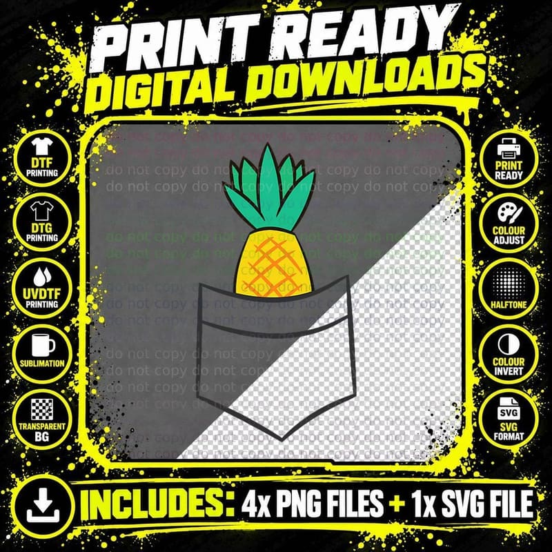 Pineapple in a Pocket T-Shirt, Tropical Fruit Print Png SVG Digital Bundle
