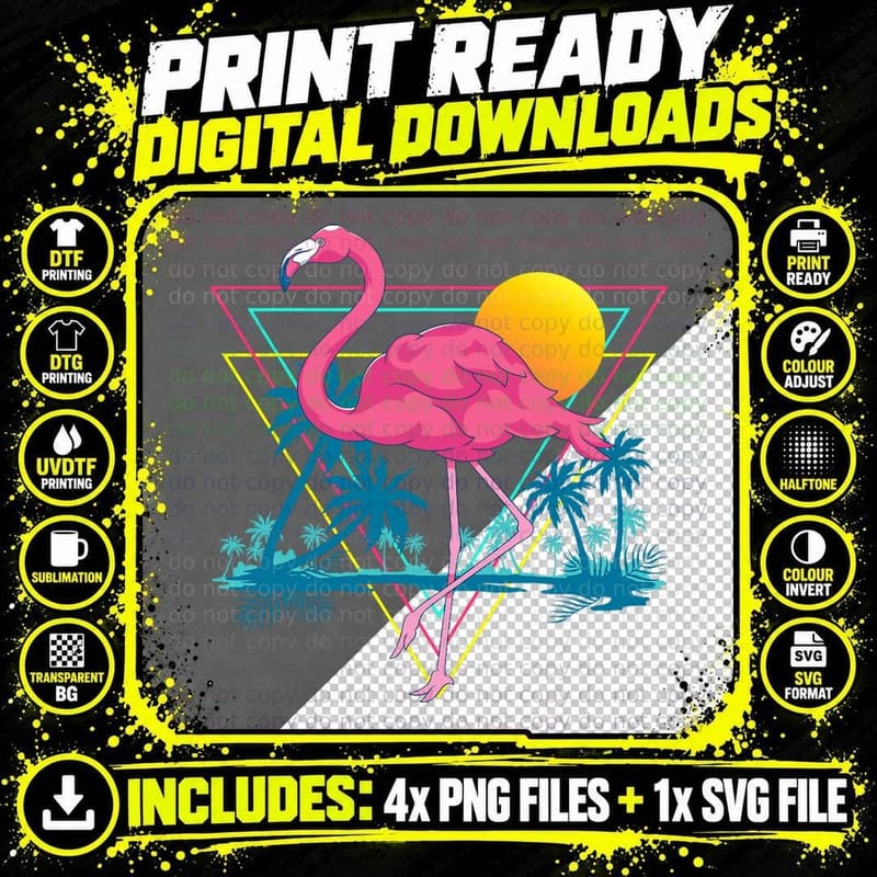 Pink Flamingo Beach Summer Vibes Palm Trees Tropical Png SVG Digital Bundle