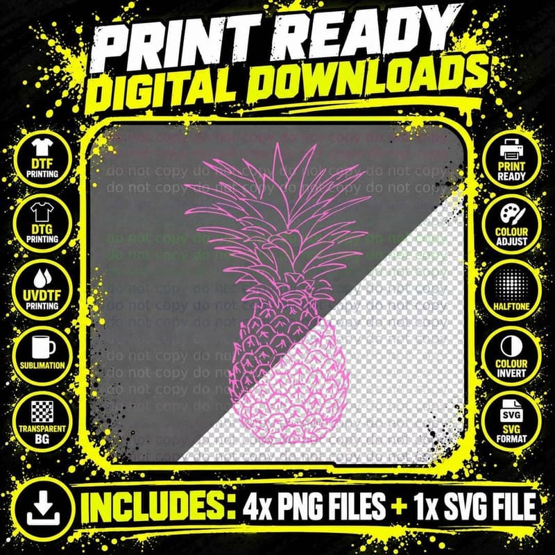 Pink Pineapple T-Shirt, Tropical Fruit Print Png SVG Digital Bundle