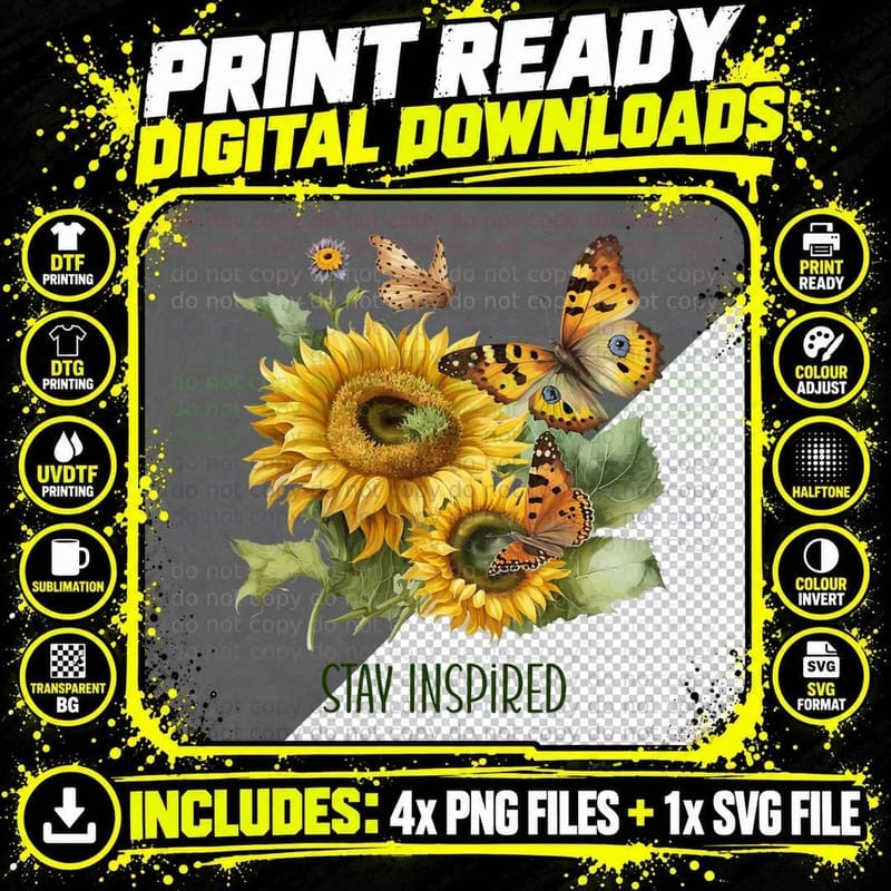 Positive Sunflowers and Butterflies Summer Stay Inspired Png SVG Digital Bundle