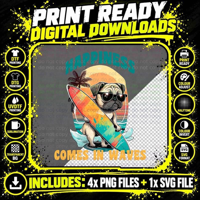 Pug Surfing T-Shirt, Summer Vibes, Pet Lover Apparel Png SVG Digital Bundle