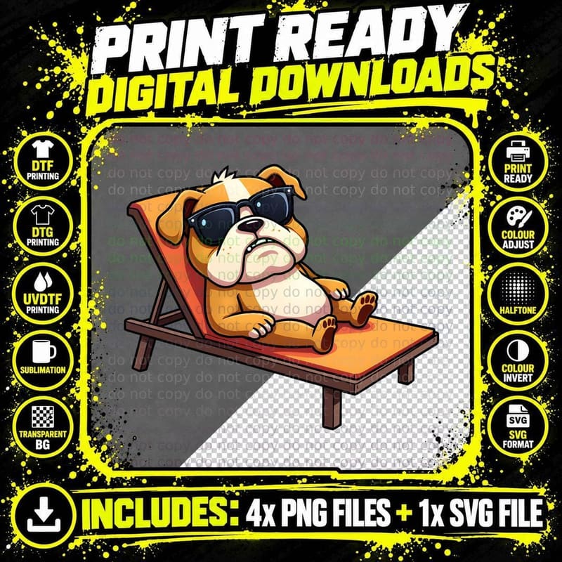Relaxed Bulldog Sunbathing Cartoon Sun Lounger Vacation Png SVG Digital Bundle
