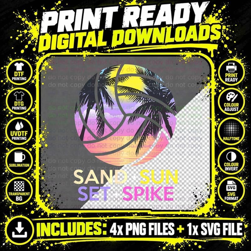 Sand Sun Set Spike Beach Volleyball T-Shirt Png SVG Digital Bundle