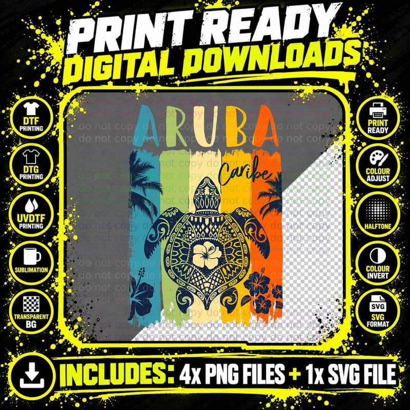 Sea Turtle Aruba Caribe T-Shirt, Tropical Vacation Style Png SVG Digital Bundle