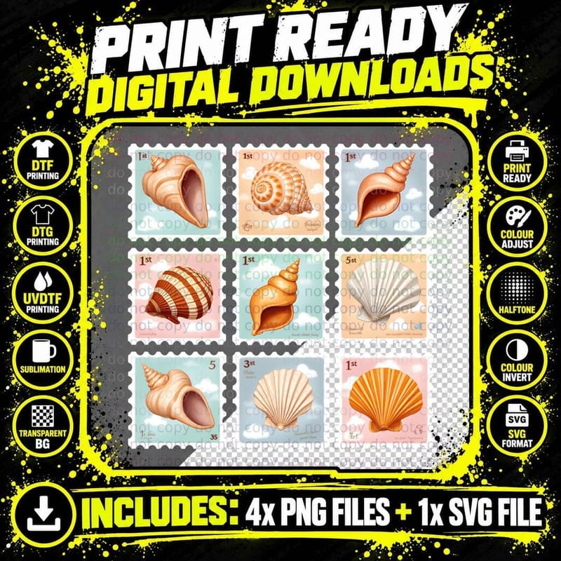 Seashell Postage Stamp Art Shells Beach Ocean Lover Png SVG Digital Bundle