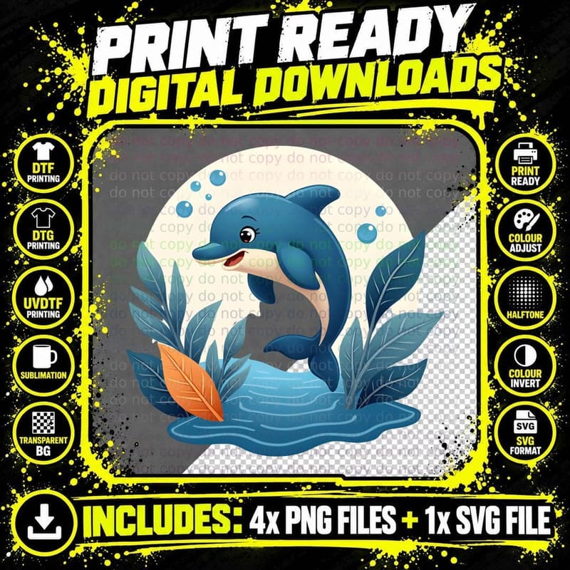 Smiling Dolphin with Tropical Leaves T-Shirt Png SVG Digital Bundle