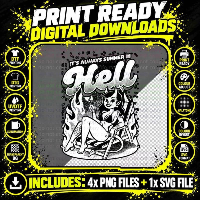 Summer Pinup Devil T-Shirt, Black and White Tee Png SVG Digital Bundle