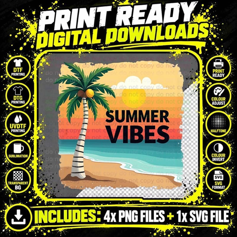 Summer Vibes Palm Tree Beach Scene Sunset T-Shirt Png SVG Digital Bundle