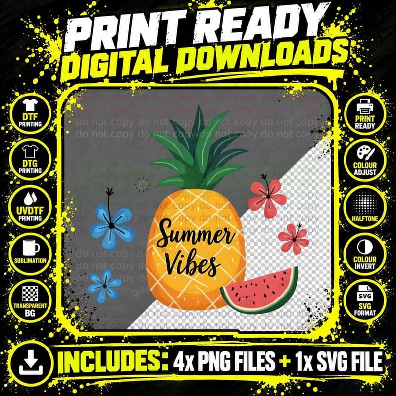 Summer Vibes Pineapple & Watermelon Hibiscus Flowers Png SVG Digital Bundle