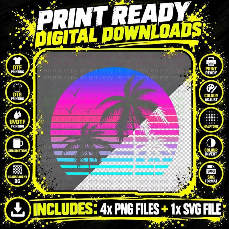 Sunset Palm Tree Cool Summer Vacation Style Vaporwave Png SVG Digital Bundle